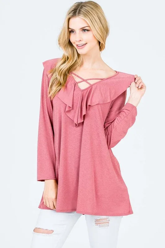 3/4 sleeve, v-neck top with ruffle panel & crisscross detail