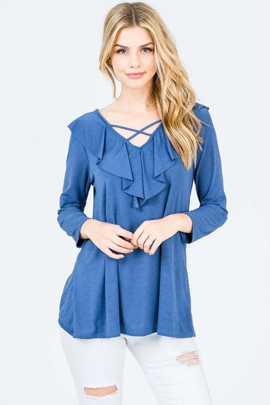 3/4 sleeve, v-neck top with ruffle panel & crisscross detail