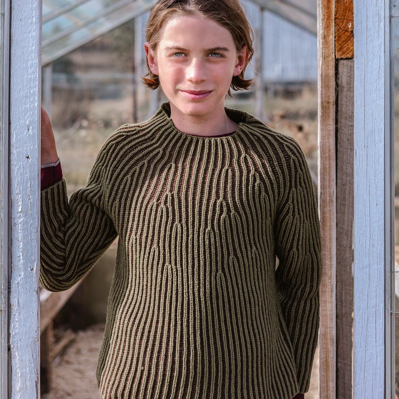 Afron Brioch Knit Pullover - 100% Merino - Fennel/Cocoa (8-12y )