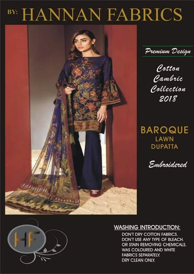 Baroque Cambric Cotton Dresses - Embroidered Lawn Dupatta - Replica - Unstitched