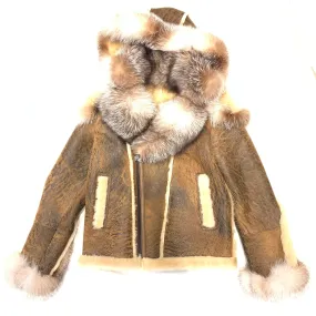 Barya NewYork Caramel Oversized Fox Collar Biker Shearling Coat