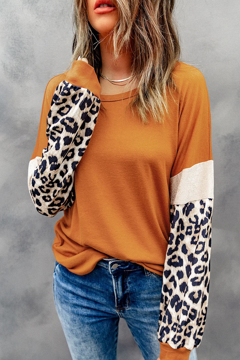 Brown Leopard Sequin Patchwork Long Sleeve Top