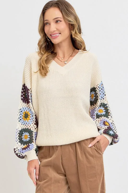 CROCHET PATCHWORK SWEATER - BLACK/BLUE OR IVORY/BLUE