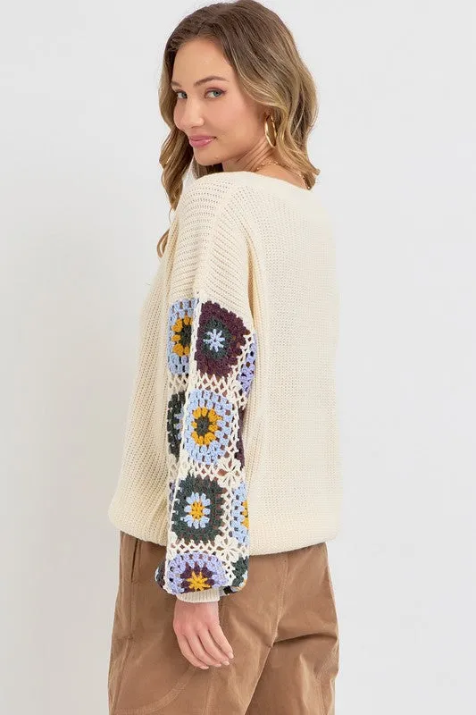 CROCHET PATCHWORK SWEATER - BLACK/BLUE OR IVORY/BLUE