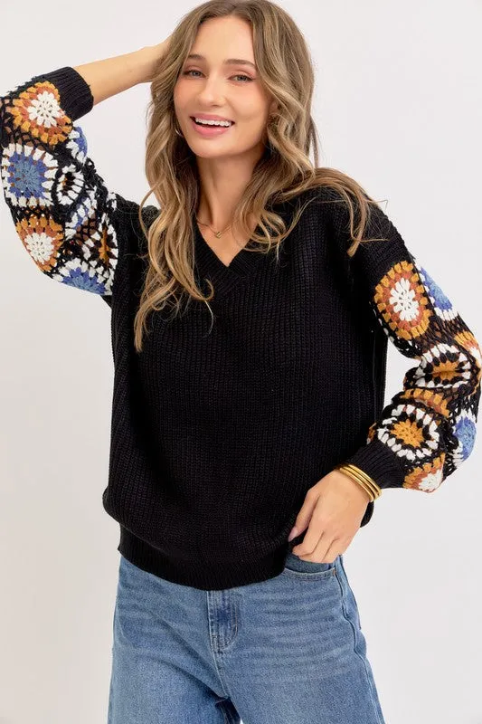 CROCHET PATCHWORK SWEATER - BLACK/BLUE OR IVORY/BLUE