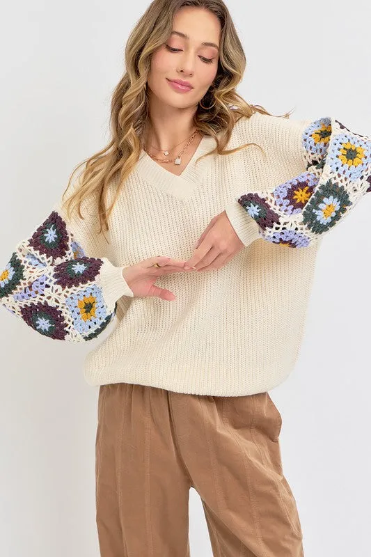 CROCHET PATCHWORK SWEATER - BLACK/BLUE OR IVORY/BLUE