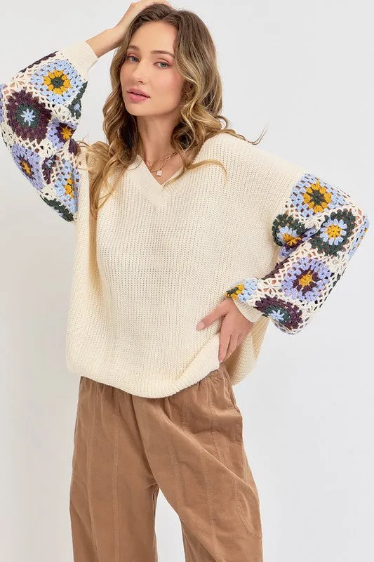 CROCHET PATCHWORK SWEATER - BLACK/BLUE OR IVORY/BLUE