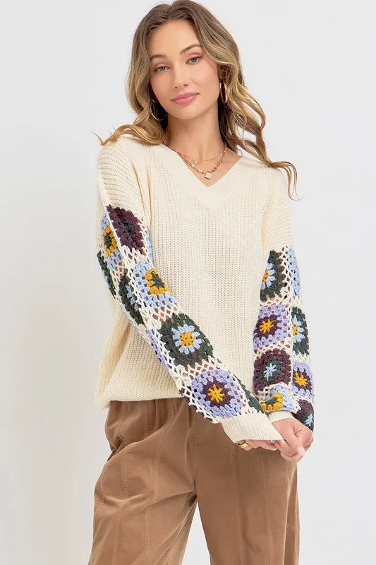 CROCHET PATCHWORK SWEATER - BLACK/BLUE OR IVORY/BLUE