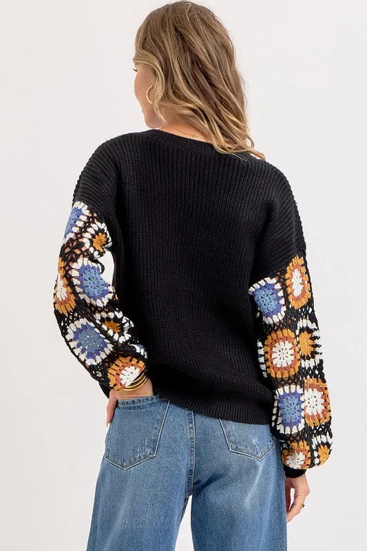 CROCHET PATCHWORK SWEATER - BLACK/BLUE OR IVORY/BLUE