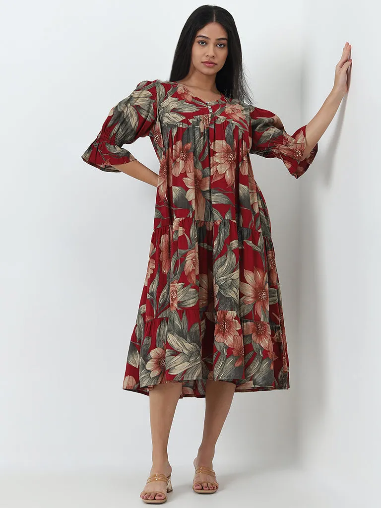 Diza Red Floral Design A-Line Dress