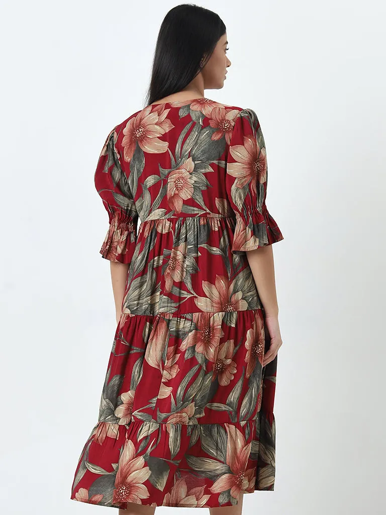 Diza Red Floral Design A-Line Dress