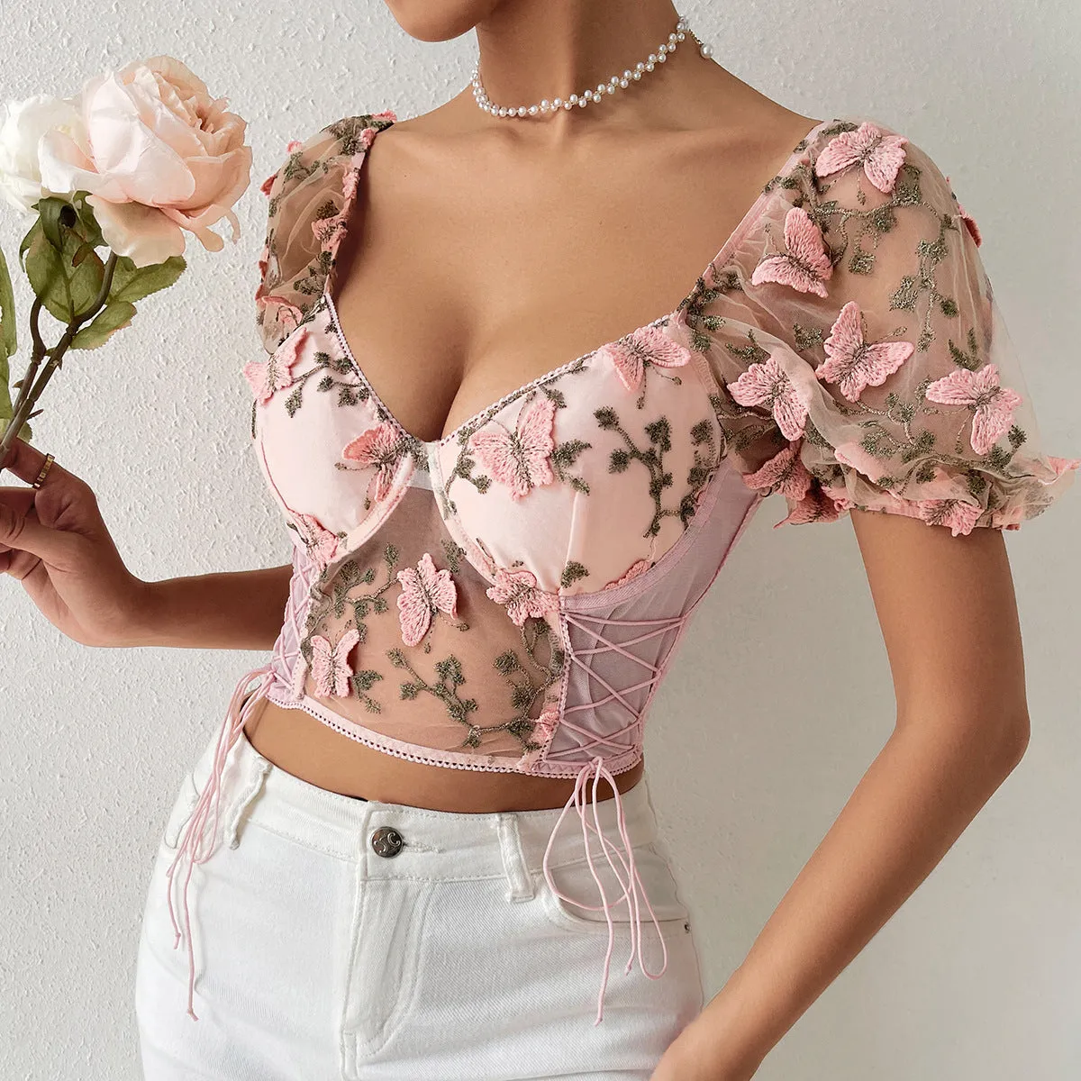 DressBetty - 3D Butterfly Embroidery Crop Top