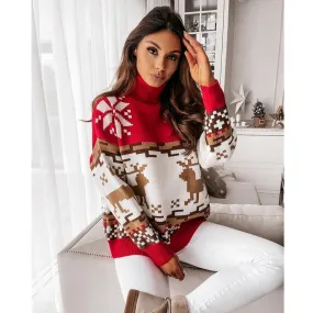 DressBetty - Christmas Turtleneck Sweaters Long Sleeve Elk Snowflake Pattern Pullovers Loose