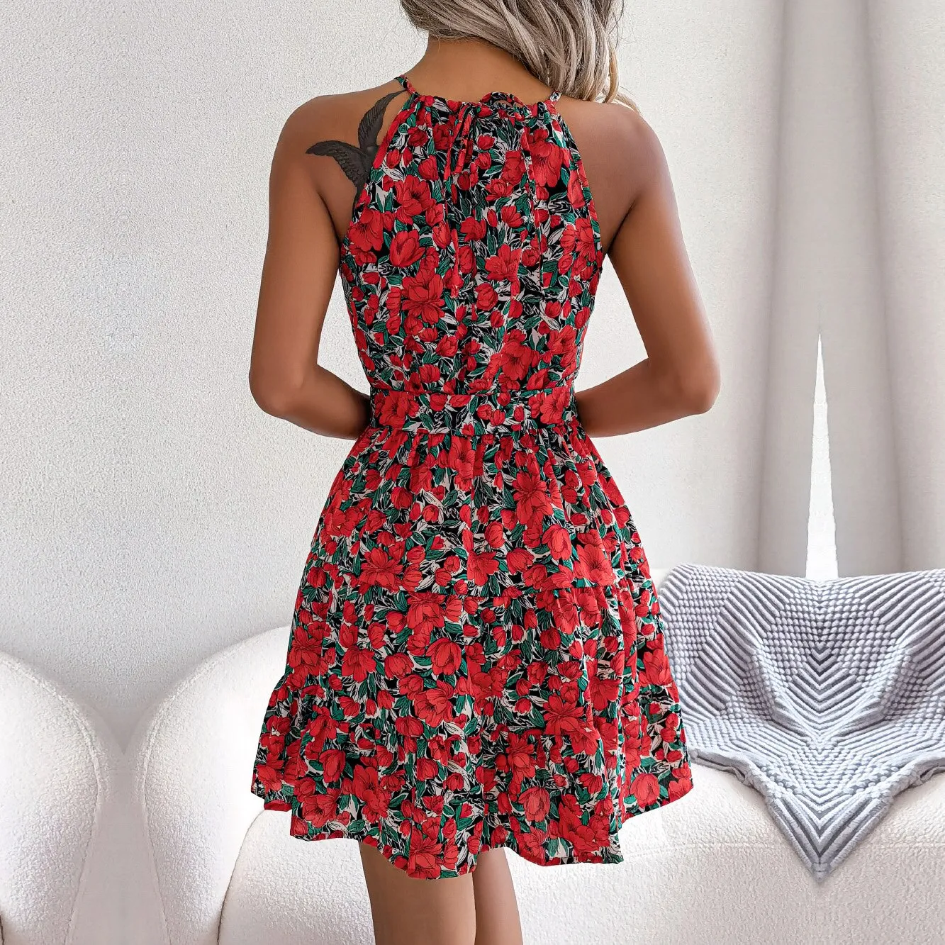 DressBetty - Halter Lace Up Ruffled Floral Dress