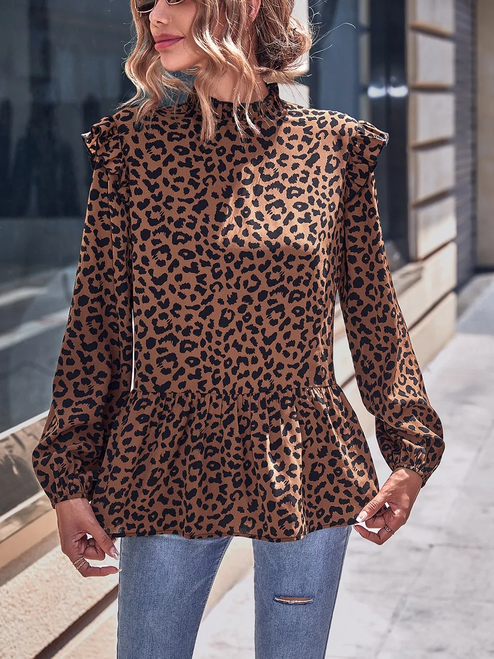 DressBetty - Leopard Print Frill Trim Blouse