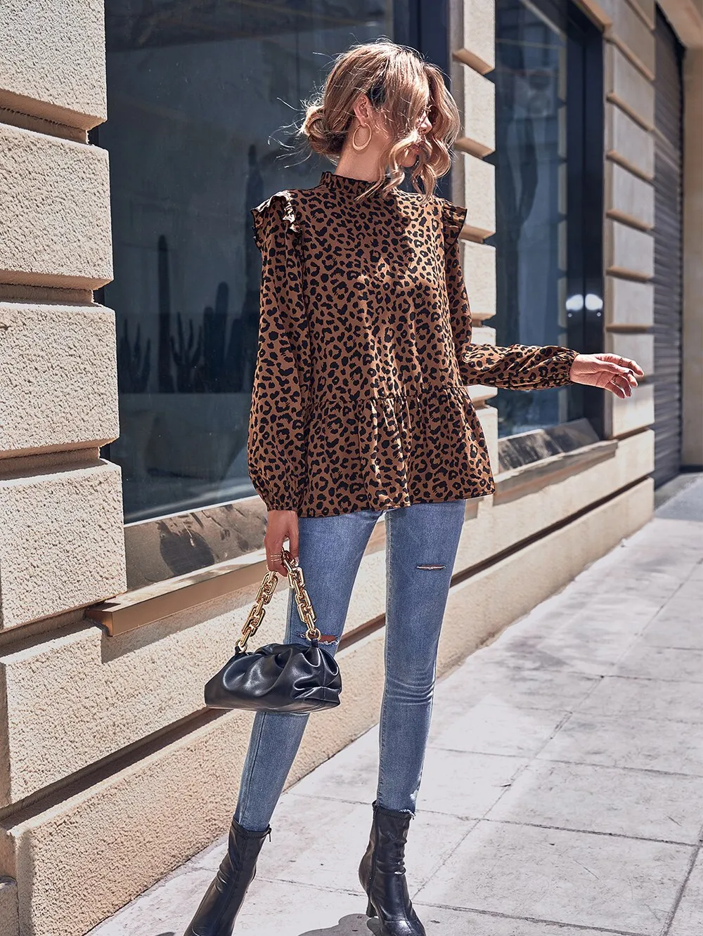 DressBetty - Leopard Print Frill Trim Blouse