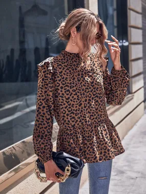 DressBetty - Leopard Print Frill Trim Blouse