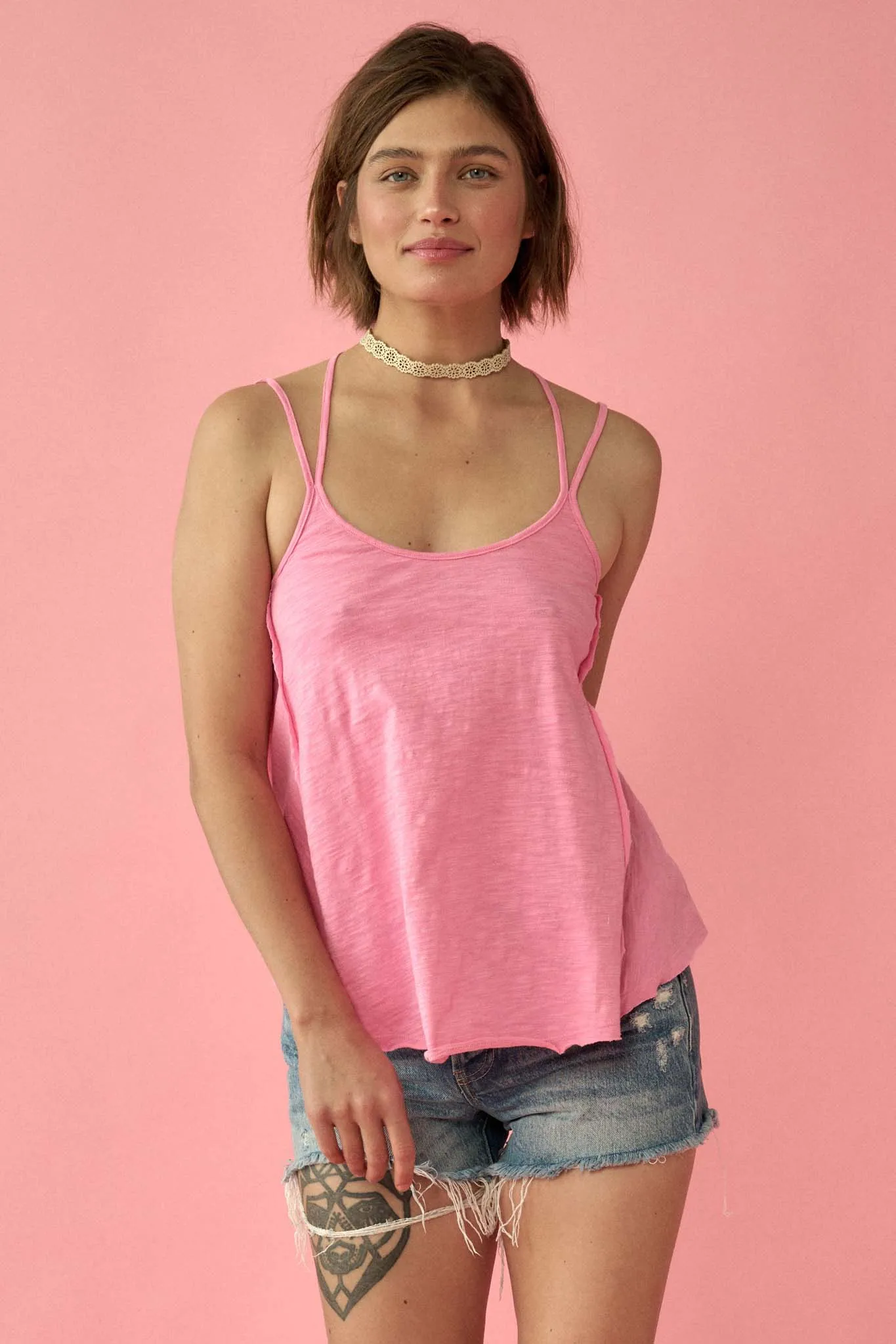 Easy Fit Vintage-Wash Slub Cotton Strappy Tank Top