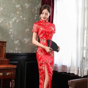 Elegant New Brocade Satin Long Fork Cheongsam Chinese Classic Dress