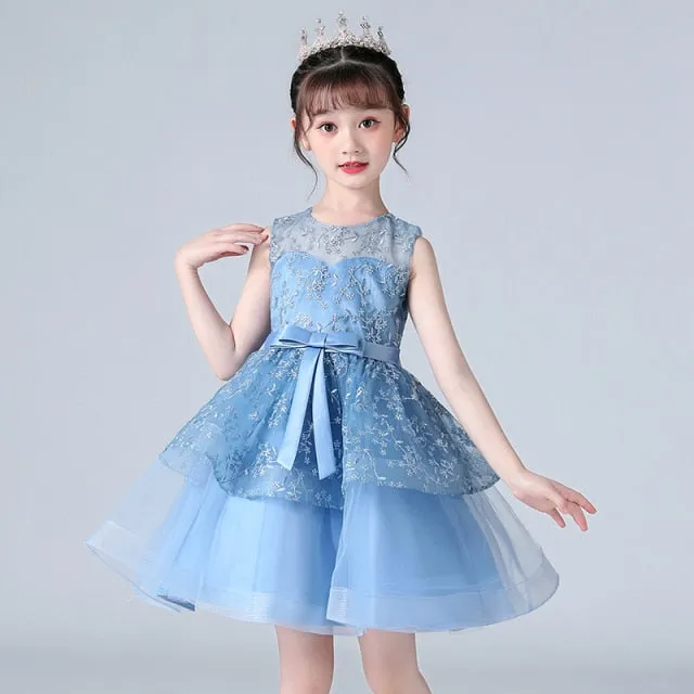 Elegant Princess Sleeveless Lace Embroidery Girls Dress