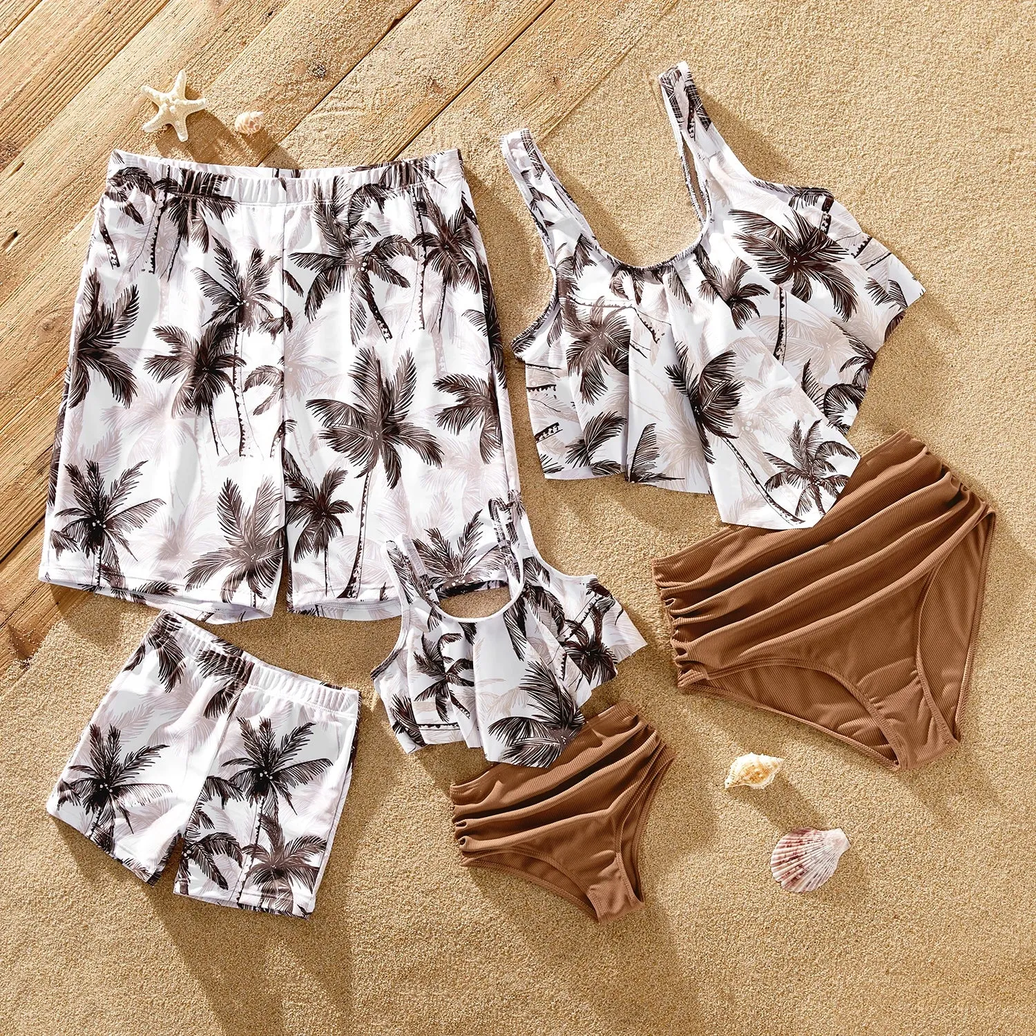 Family Matching Beach Outfits: Coconut Tree Print Swimwear – One-piece Swimsuit & Swim Trunks