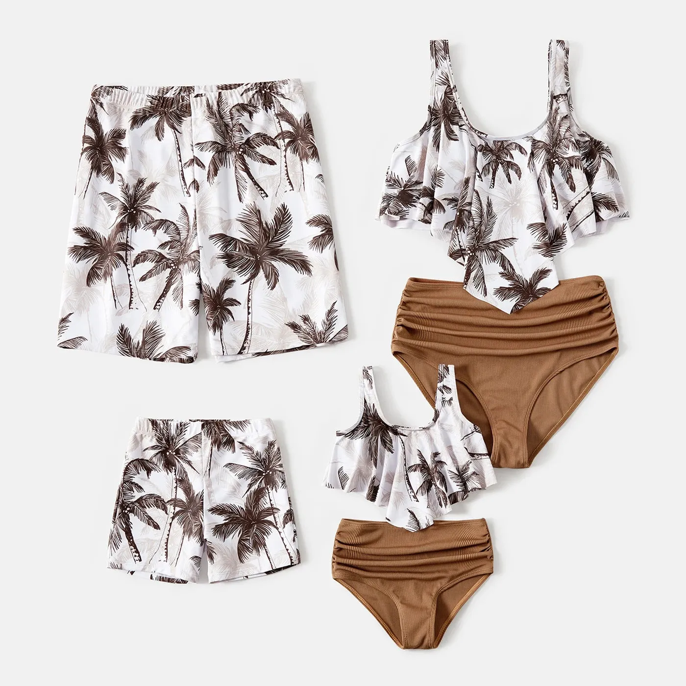 Family Matching Beach Outfits: Coconut Tree Print Swimwear – One-piece Swimsuit & Swim Trunks