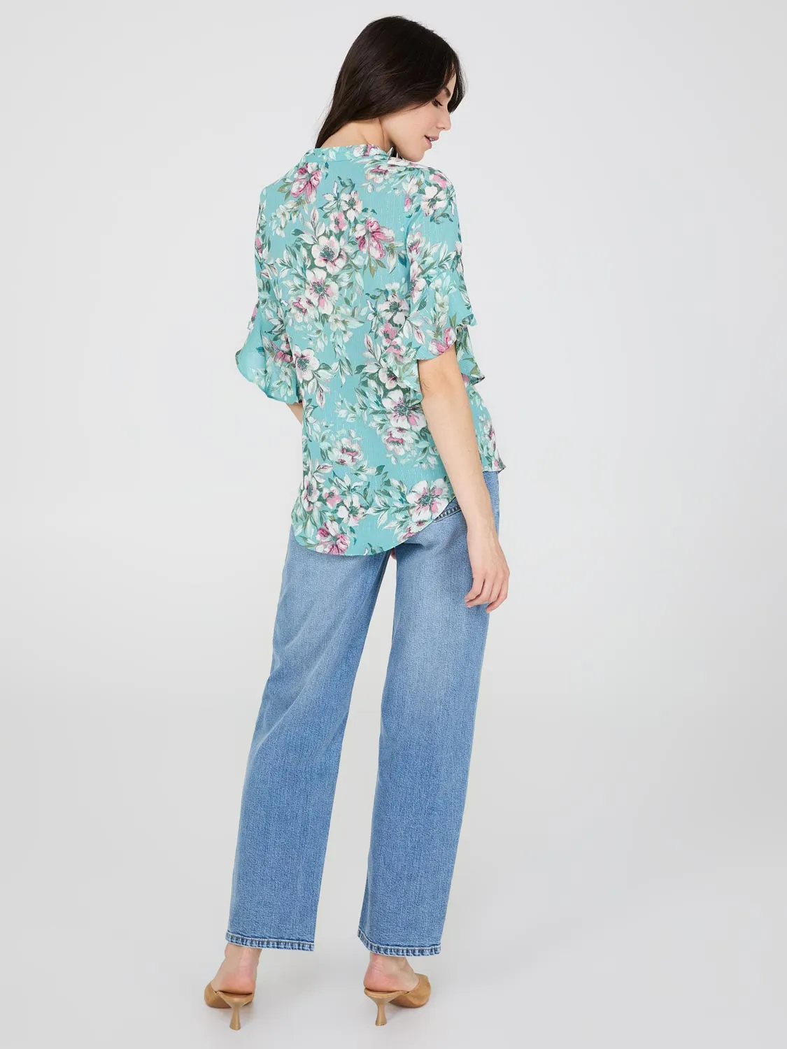 Floral Print 3/4 Ruffle Sleeve Tunic Blouse