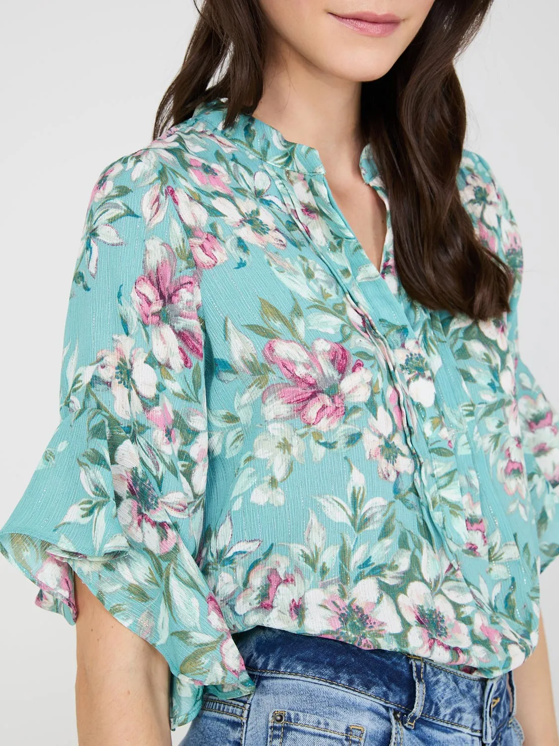 Floral Print 3/4 Ruffle Sleeve Tunic Blouse