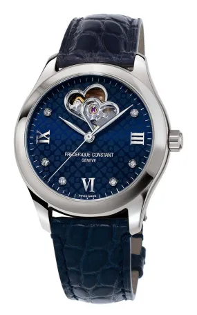 Frederique Constant Double Heart Beat Automatic Diamonds Blue Dial Blue Leather Strap Womens Watch FC-310NDHB3B6