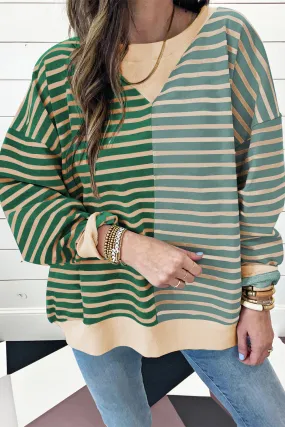 Green Stripe Casual Stripe Colorblock Drop Shoulder Oversize Sweatshirt