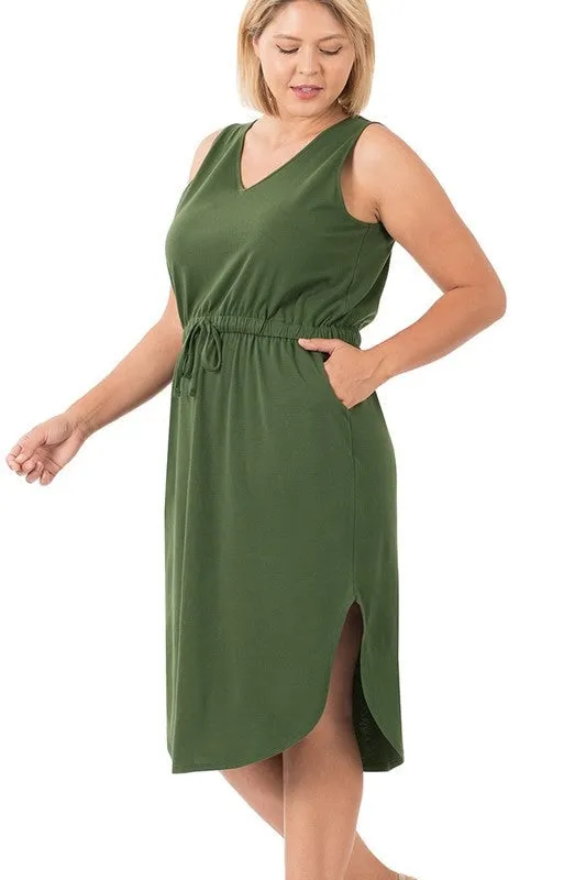 HI Curvy Plus Size Women Drawstring Waist Curved Hem Dress