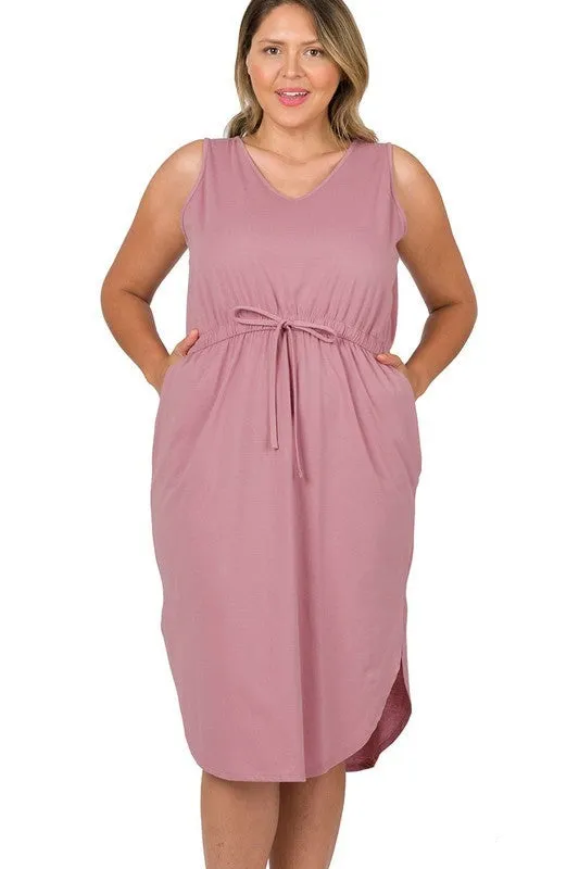 HI Curvy Plus Size Women Drawstring Waist Curved Hem Dress