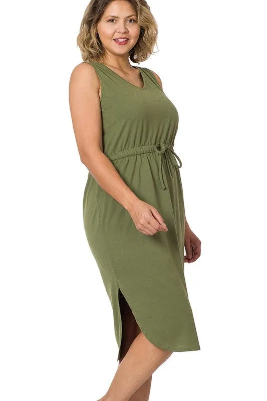 HI Curvy Plus Size Women Drawstring Waist Curved Hem Dress