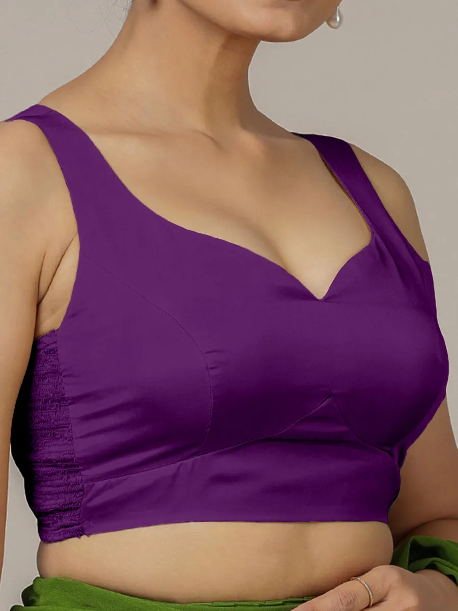 Ishika x Rozaana | Purple Sleeveless FlexiFit™ Saree Blouse with Beetle Leaf Neckline and Back Cut-out with Tie-Up