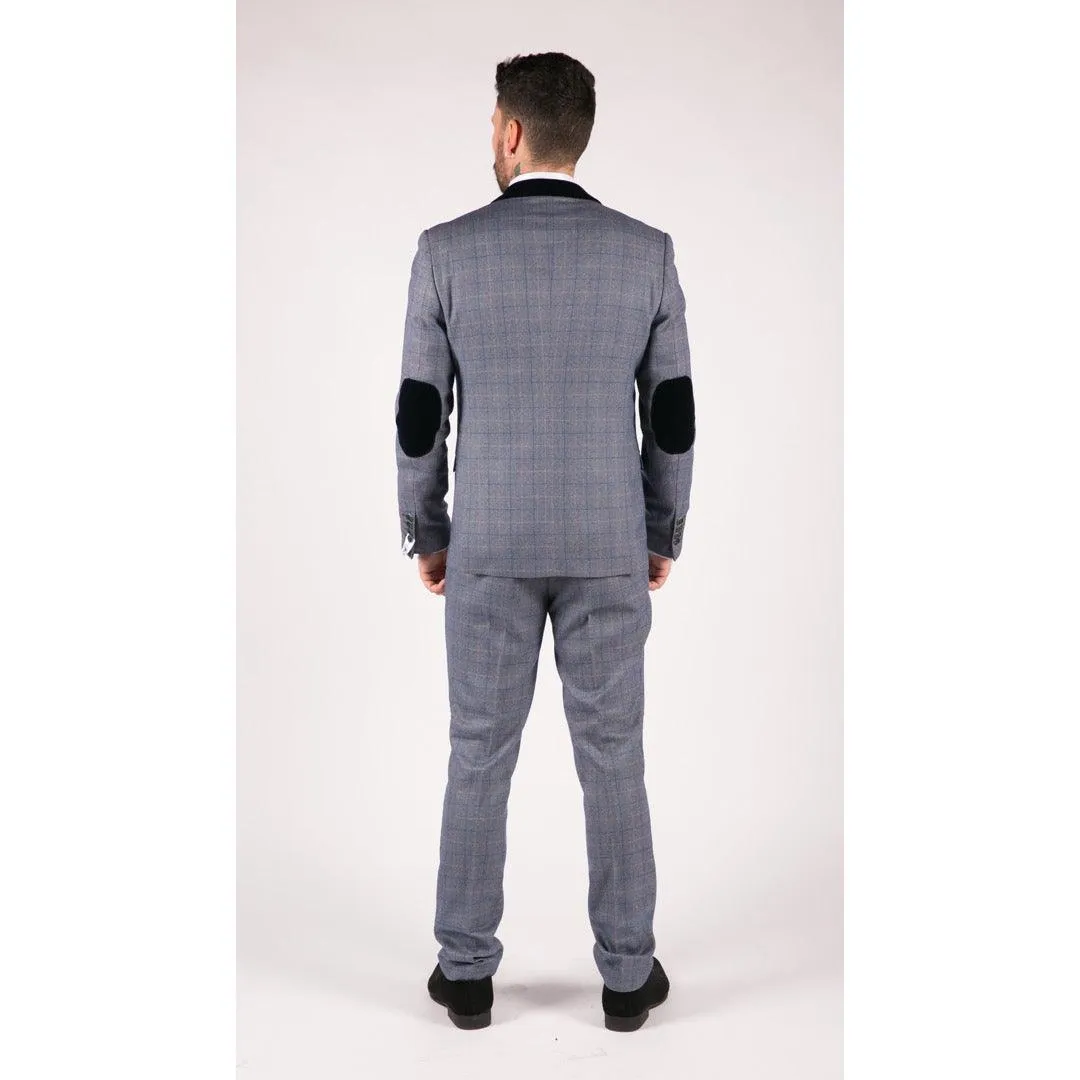 Mens Blue Check Marc Darcy 3 Piece Suit Double Breasted Waistcoat Elbow Patch