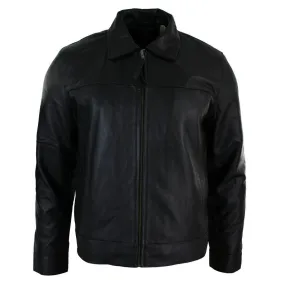 Mens Classic Zipped Real Leather Jacket Retro Black