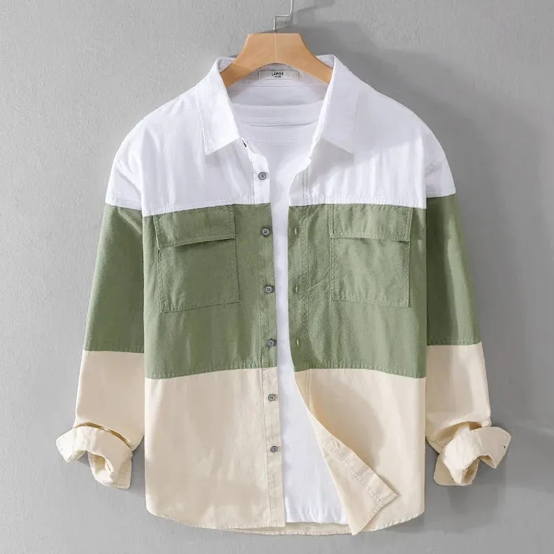 Men's Contrast Color Patchwork Cotton Shirt | Long Sleeve Retro Cargo Style with Pockets | Casual Loose Fit Fashion