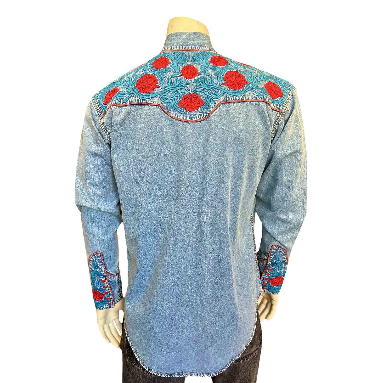 Men’s Denim Vintage Western Shirt with Red Floral & Turquoise Embroidery