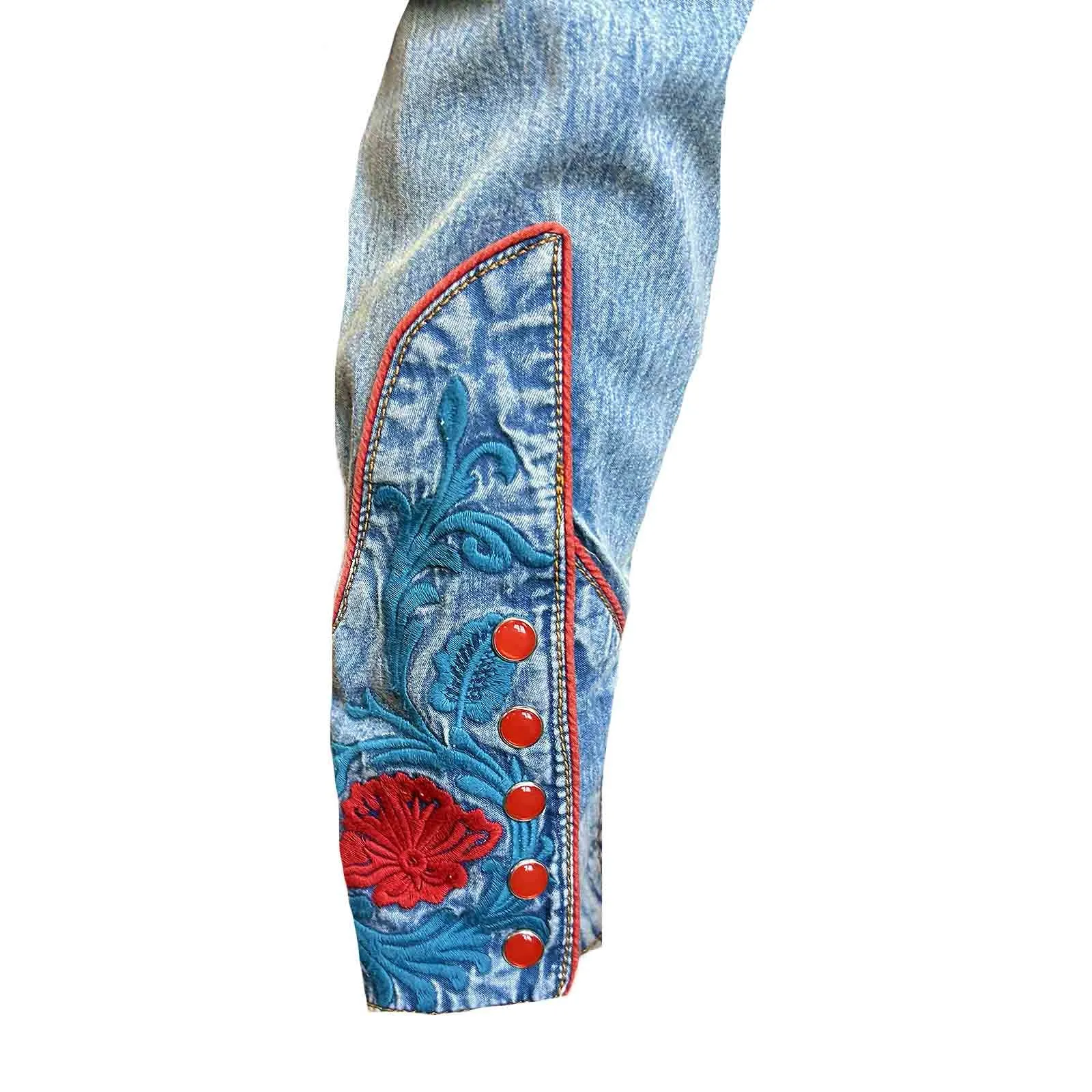 Men’s Denim Vintage Western Shirt with Red Floral & Turquoise Embroidery