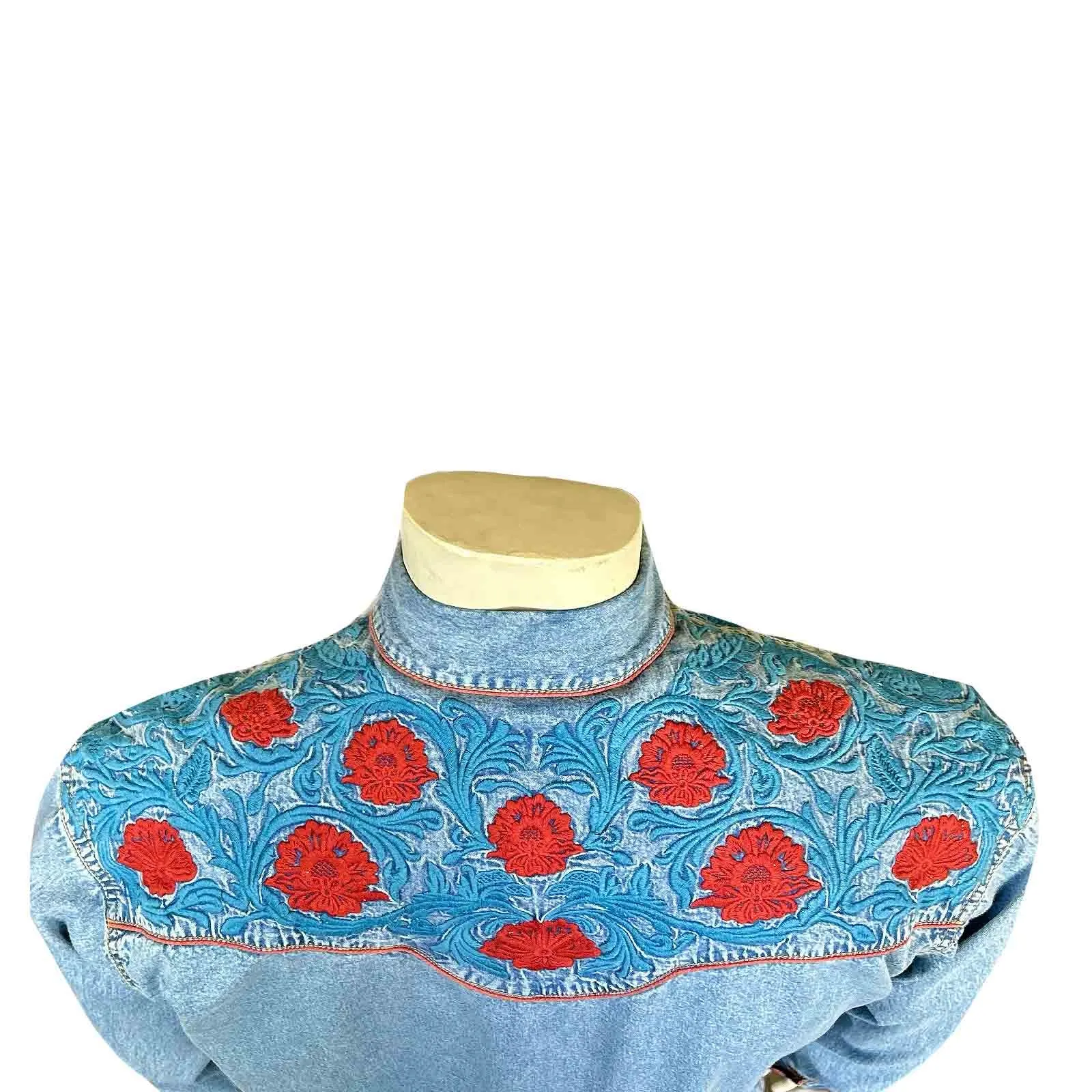 Men’s Denim Vintage Western Shirt with Red Floral & Turquoise Embroidery