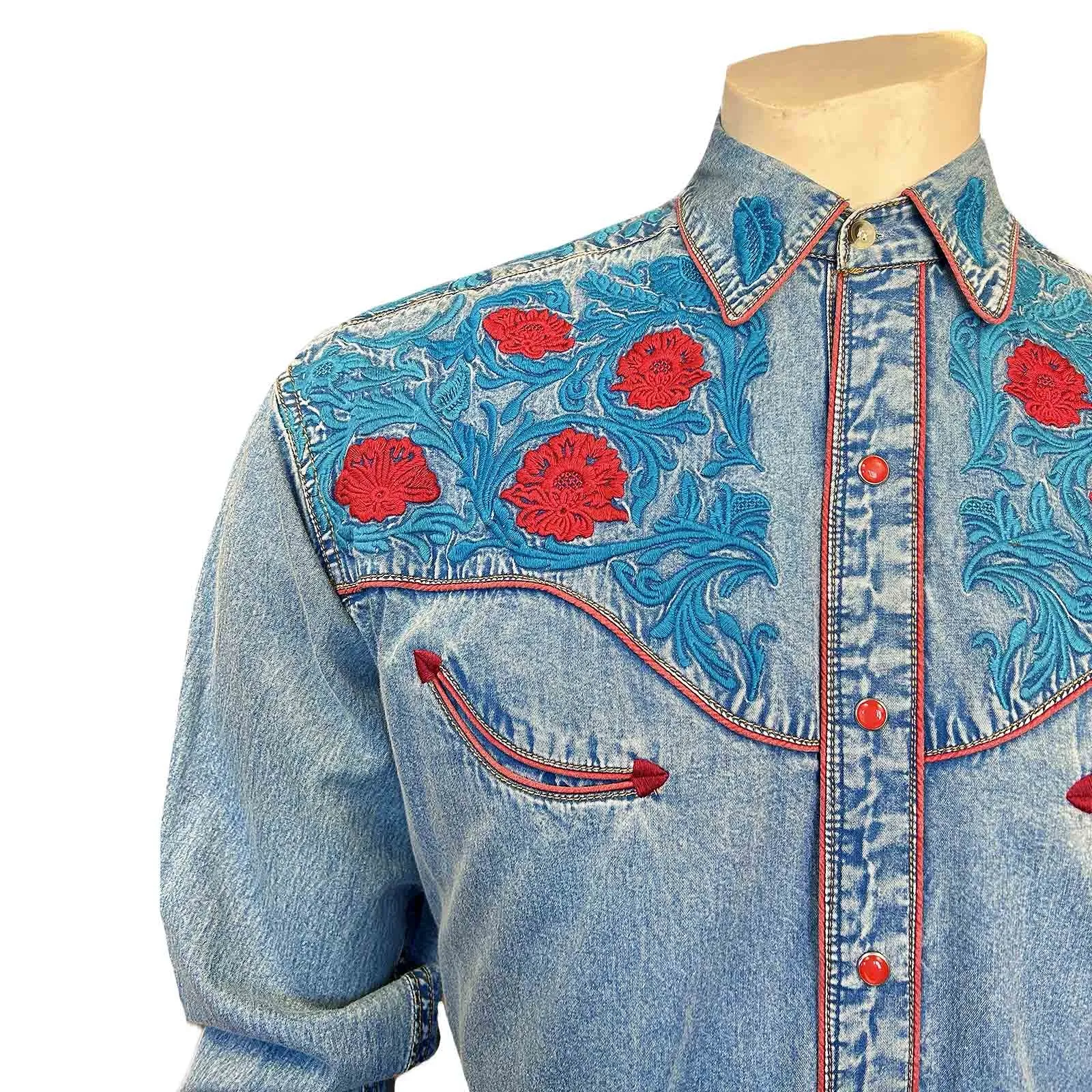 Men’s Denim Vintage Western Shirt with Red Floral & Turquoise Embroidery