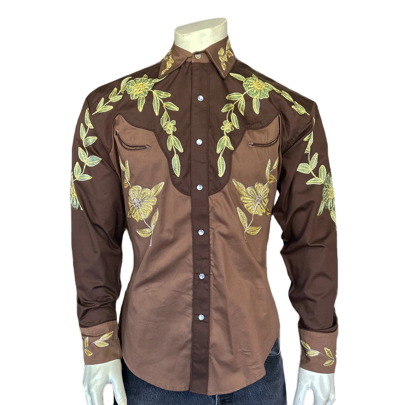 Men's Floral 2-Tone Brown & Tan Embroidered Western Shirt