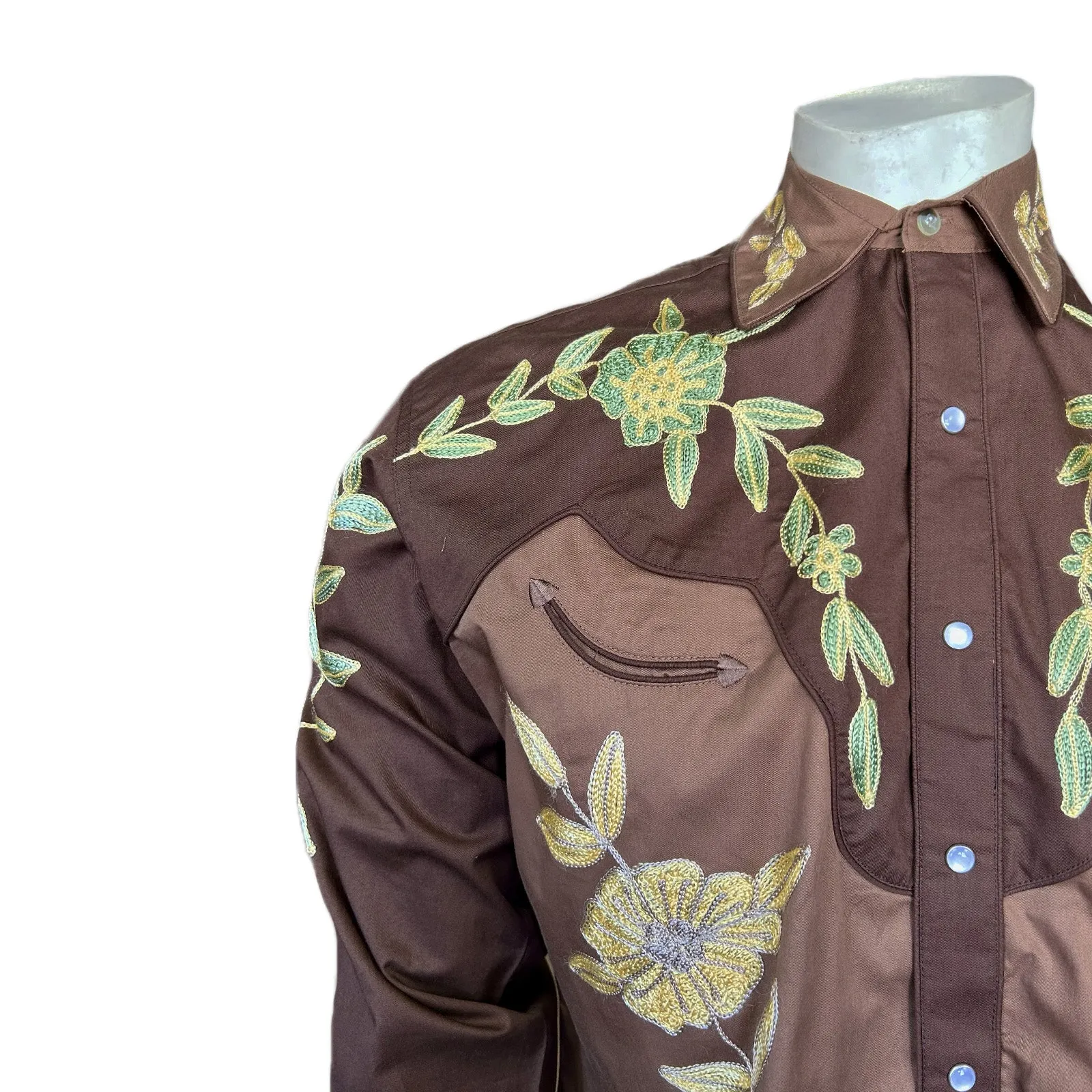 Men's Floral 2-Tone Brown & Tan Embroidered Western Shirt