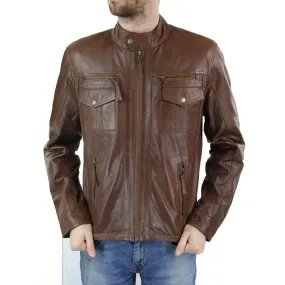 Mens Genuine Leather Biker Jacket Zipped Nehru Grandad Collar Regular Fit