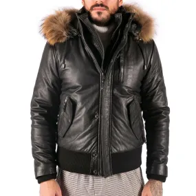 Mens Real Fur Hood Bomber Leather Jacket Black Puffer Padded