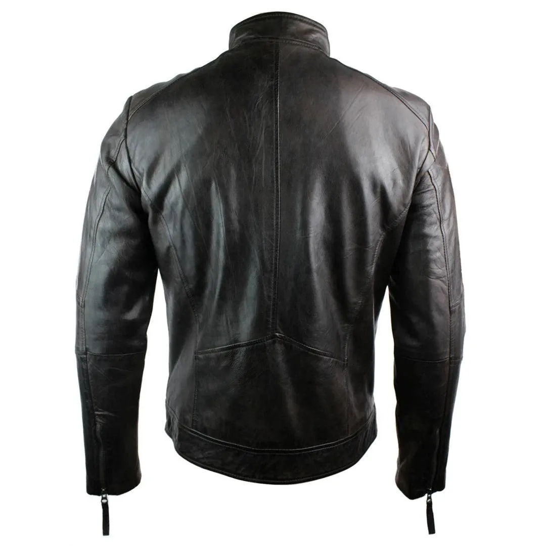 Mens Real Leather Biker Jacket Vintage Dark Brown Zipped Funky Retro Casual