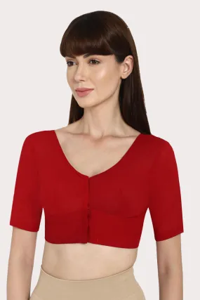 Naidu Hall Full Coverage Non-Wired Non-Padded Round Neck Long Sleeve Cotton Blouse  - Dark Red