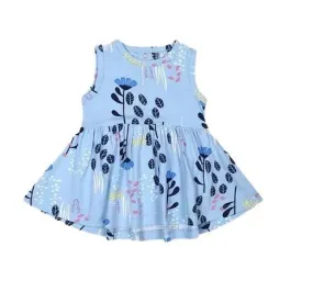 Nino Bambino 100% Organic Cotton Aqua Blue Leaves & Floral Sleeveless Frock For Baby Girls (Certified ORGANIC) - 1 Pc (3 To 4 Years)