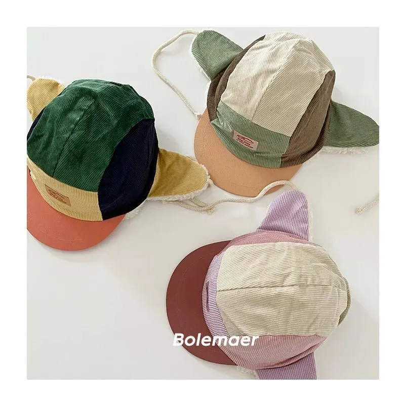 Patchwork Corduroy Baseball Cap with Fur Lining for Toddlers and Kids - Warm Winter Hat