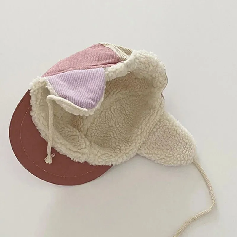 Patchwork Corduroy Baseball Cap with Fur Lining for Toddlers and Kids - Warm Winter Hat